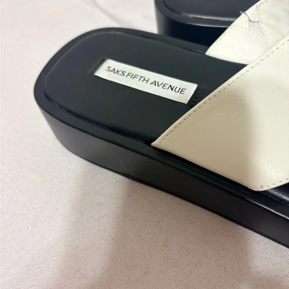 Saks Fifth Avenue round toe-strap platform leather sandals in black and white. - Picture 6 of 7